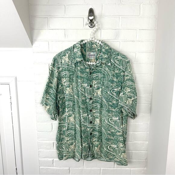 Vintage Reyn Spooner Green Transportation Cityscape Hawaiian Button Down Shirt - Picture 1 of 9